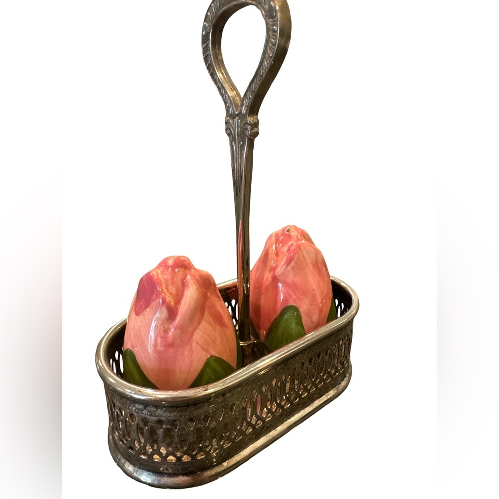 Franciscan Desert Rose Hand Decorated Salt and Pepper Shakers with Silver Holder